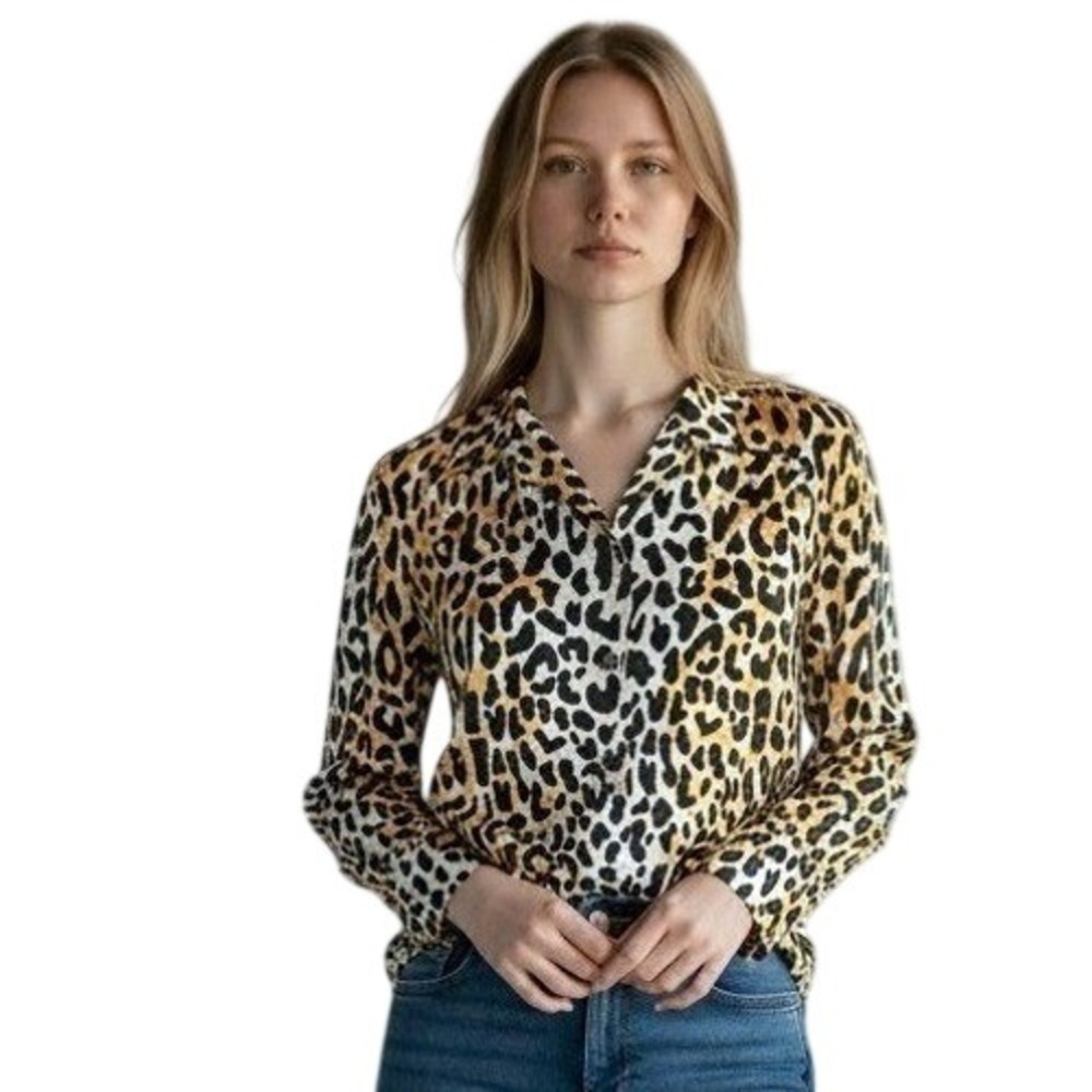 Animal Print St. John Button Up Shirt Leopard Long Sleeve XL Yellow